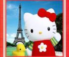 Hello Kitty с птичка и Эйфелеву башню в фоновом режиме